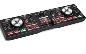 The DJ controller with mixer, two jog wheels, and buttons labeled "Numark" and "Serato" is a perfect gift idea for musicians. Black with red accents, it offers versatile control options to elevate any performance.